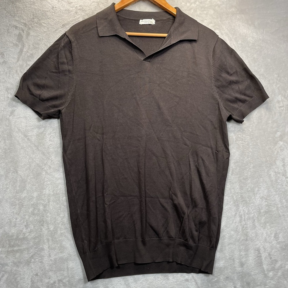 Suitsupply Polo Shirt Mens L Cotton Silk Buttonless Brown Short Sleeve